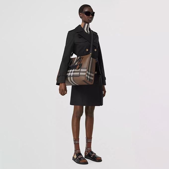 burberry freya vintage check canvas leather trim medium tote bag